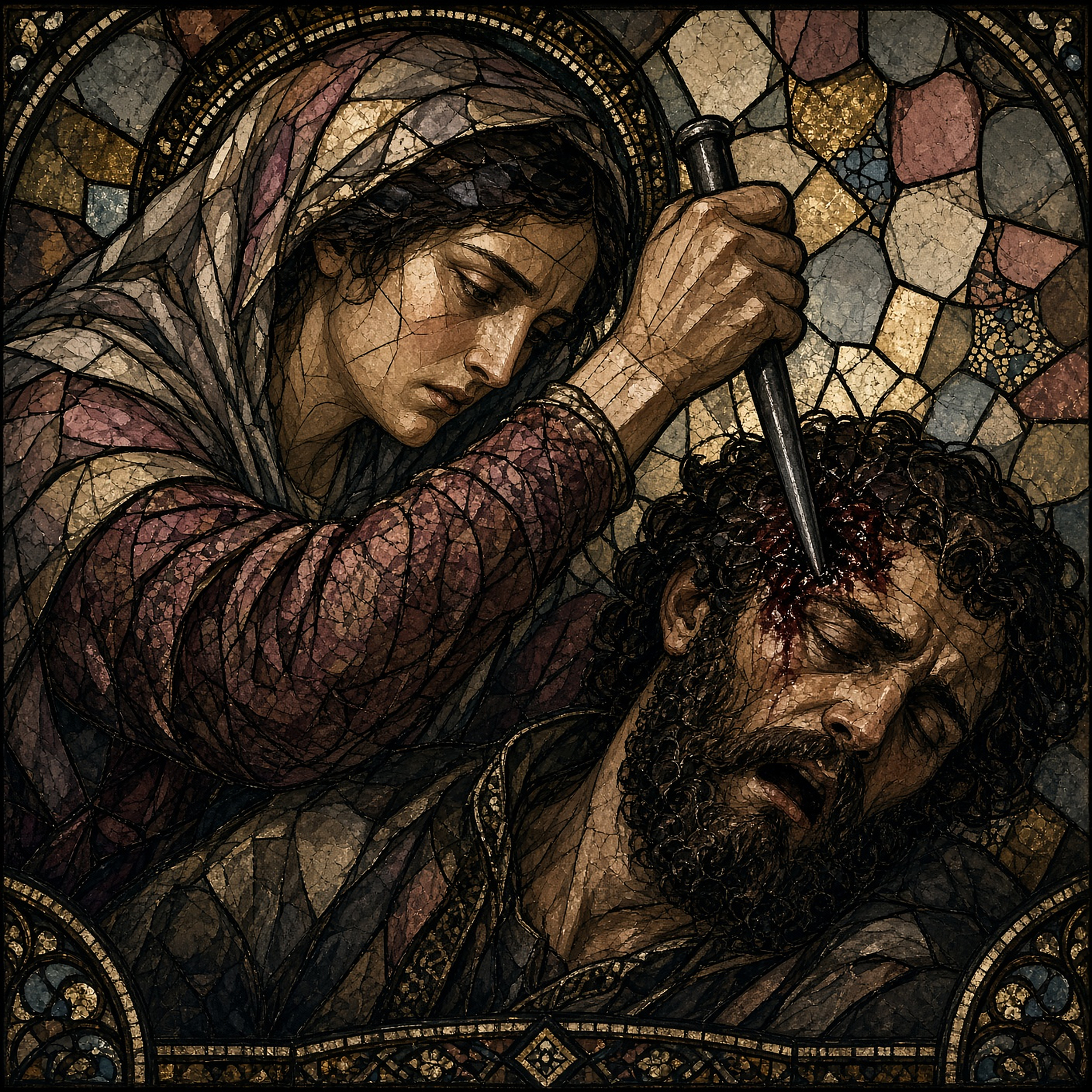Stained glass cover artwork for A Mother in Israel, showing Jael and Sisera.